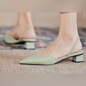 Slingback Pointed-Toe Low Block Heel Mules - Sage Green